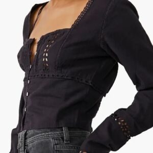 Free People Black Button Down Cropped Top S. NWOT